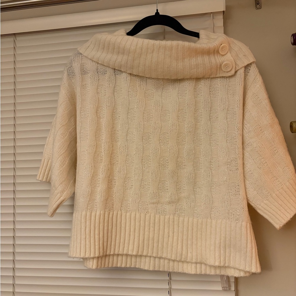 DKNY Cream Cable-Knit Short Sleeve Cowl Sweater with Button Detail